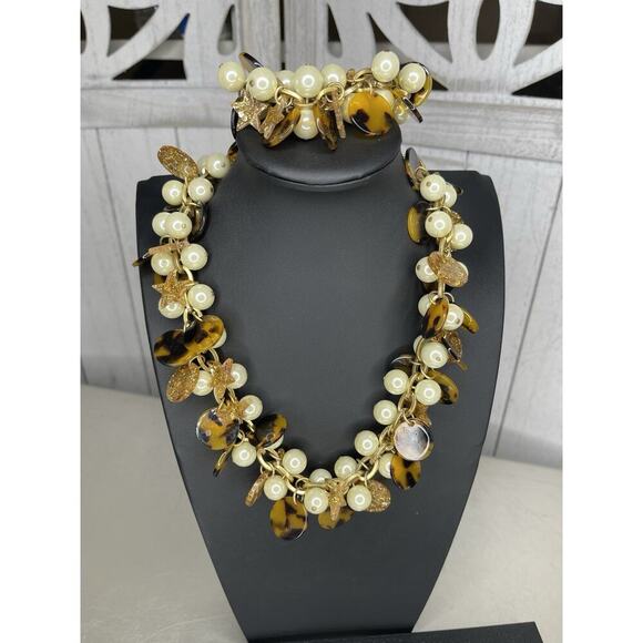 Y2K JCrew Set Pearl Tortoise Shell Stars Charm Necklace Bracelet Statement - Picture 1 of 6